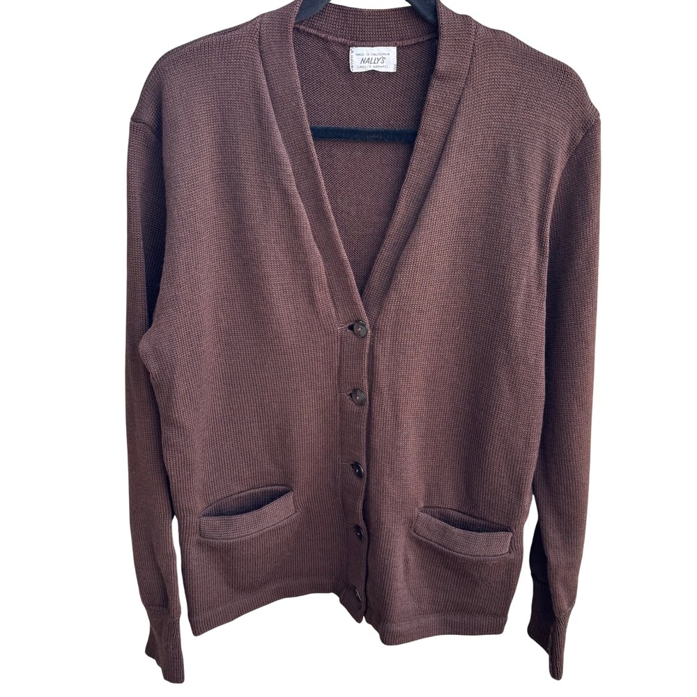 Nallys Vintage 80s Mod Academic Brown Knit Cardigan Grandpa Sweater XL Mr Rogers